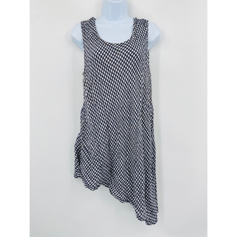 FLAX Asymmetrical Tunic Top Women Medium Blue Gingham‎ Linen Sleeveless Tunic